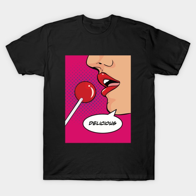 Pop Art Lollipop Candy Red Lips T-Shirt by Hixon House